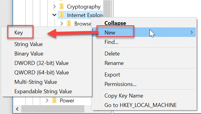 คลิกขวาที่ Internet Explorer แล้วเลือก New จากนั้นเลือกคีย์