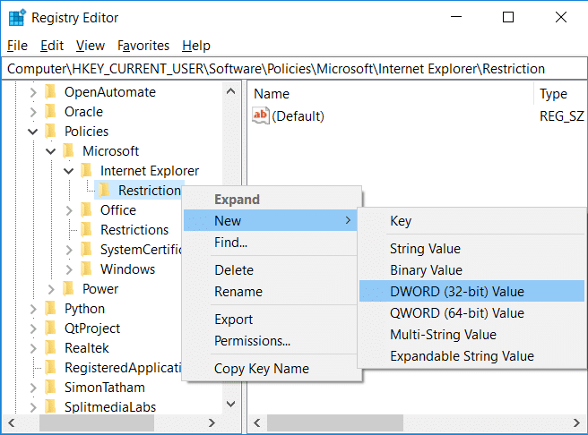 คลิกขวาที่ Restriction จากนั้นเลือก New จากนั้นเลือก DWORD (32-Bit) Value