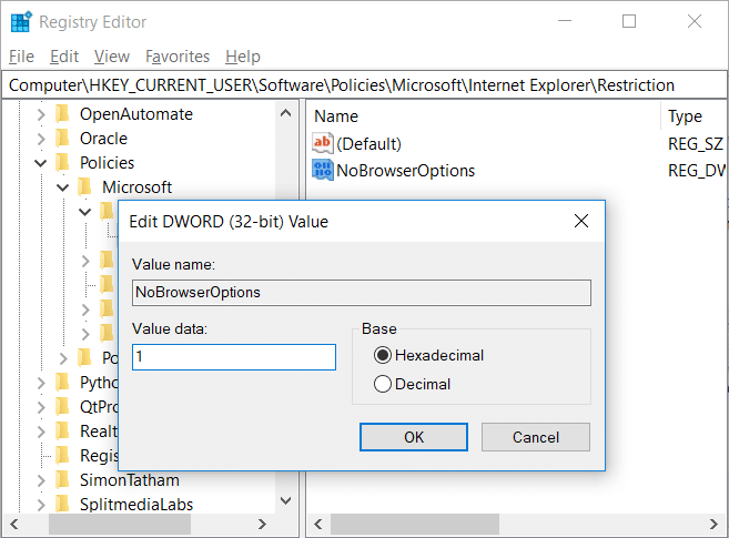 ดับเบิลคลิกที่ NoBrowserOptions และเปลี่ยนค่าจาก 0 เป็น 1
