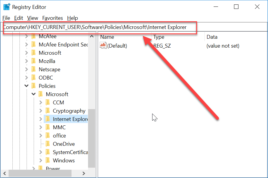 ไปที่คีย์ Internet Explorer ใน Registry Editor