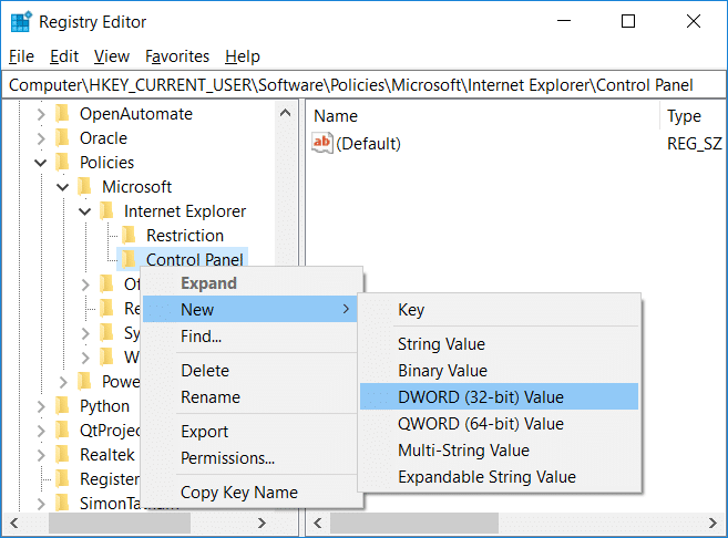 คลิกขวาที่ Control Panel จากนั้นเลือก New จากนั้นเลือก DWORD(32-bit) Value