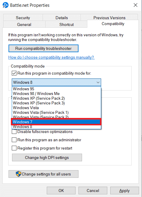 在下拉列表中选择 Windows 7