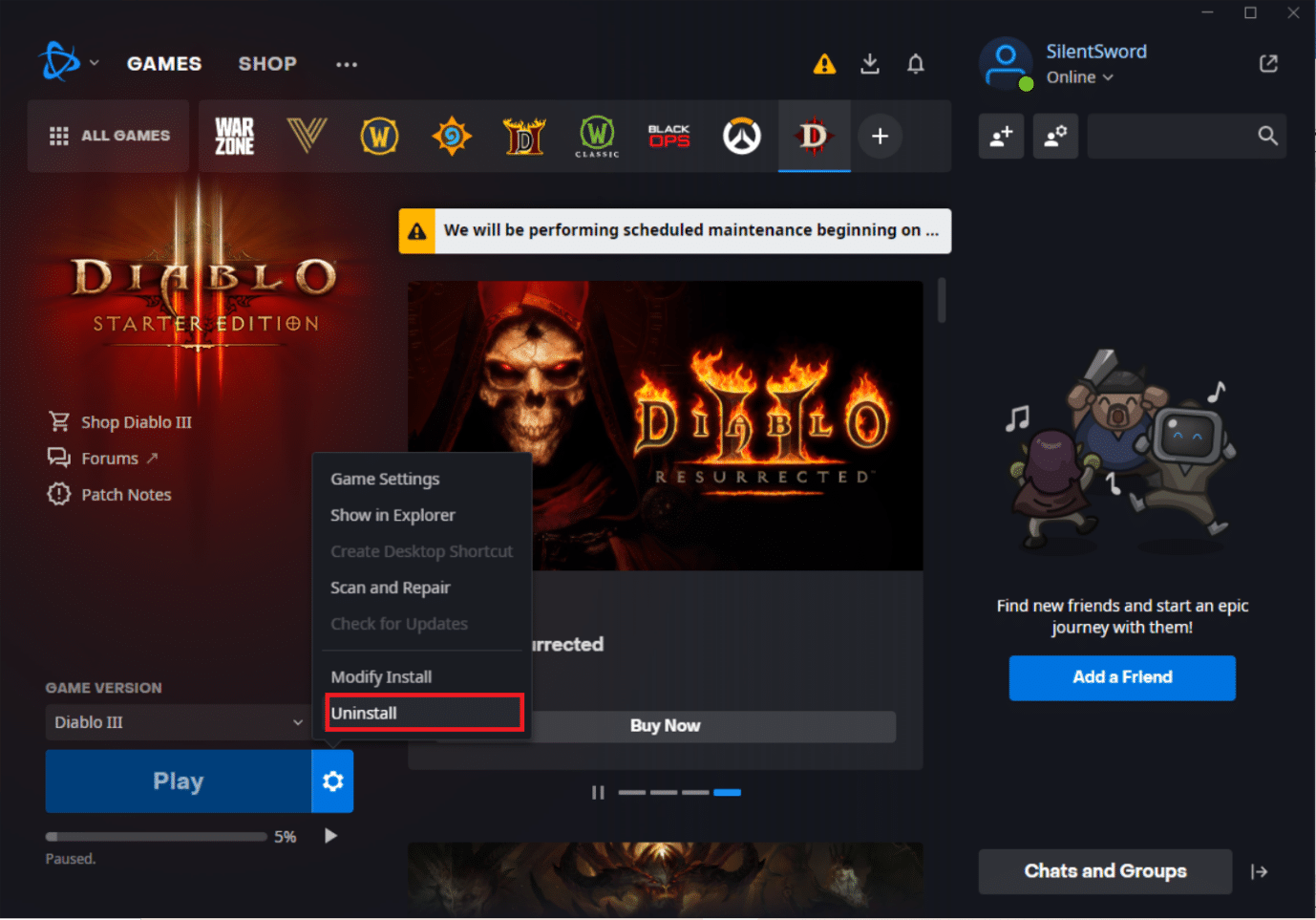 点击卸载。在 Windows 10 上修复暗黑破坏神 3 错误代码 1016