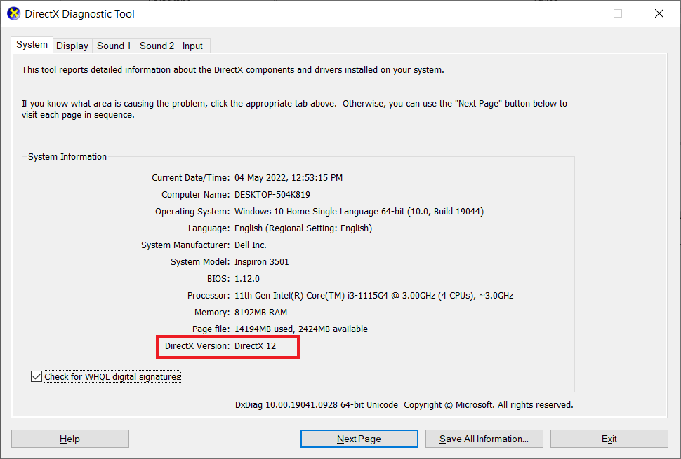 记下 DirectX 版本。修复天际不会在 Windows 10 中启动
