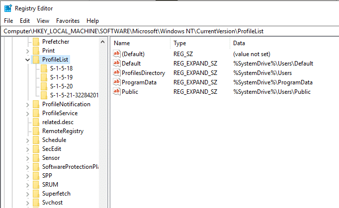 ไปที่ ProfileList ภายใต้ Registry Key