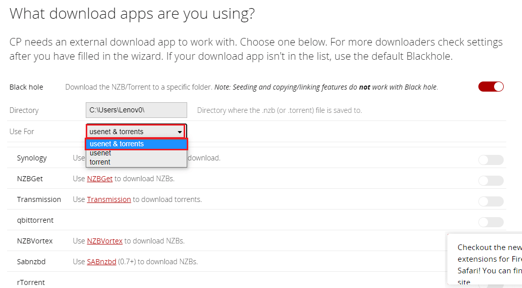 在下拉菜单中选择首选选项作为 usenet 和 torrent。如何在 Windows 10 上设置 CouchPotato