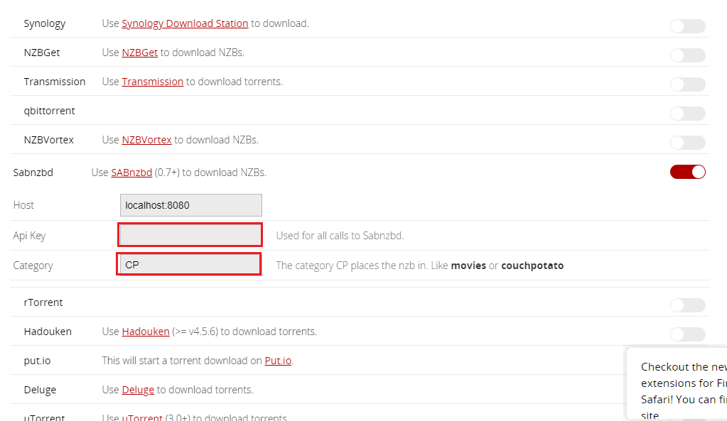 粘贴复制的 API 密钥并在 SABnzbd 部分的类别字段中输入 CP。如何在 Windows 10 上设置 CouchPotato