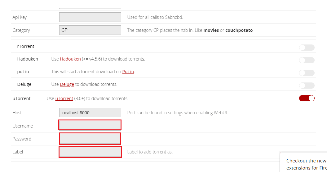 在 uTorrent 部分的字段中输入用户名和密码，然后在标签字段中输入 CP。如何在 Windows 10 上设置 CouchPotato