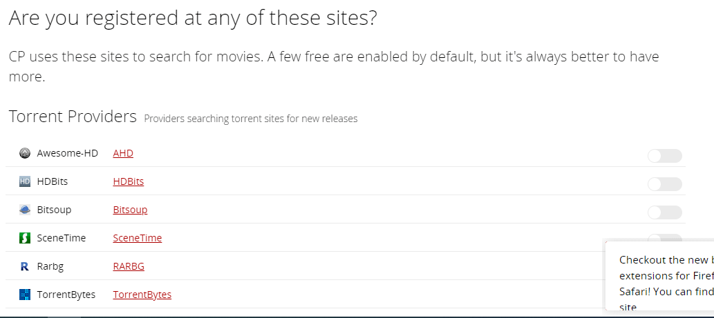 针对您已注册的网站一一打开切换开关。如何在 Windows 10 上设置 CouchPotato