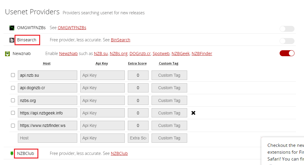切换选项 NZBClub 和 Binsearch