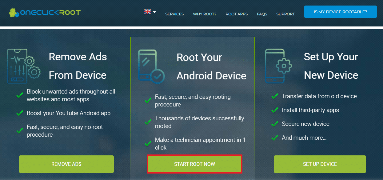 clicca sul pulsante INIZIA ORA ROOT per scaricare l'app per il dispositivo selezionato