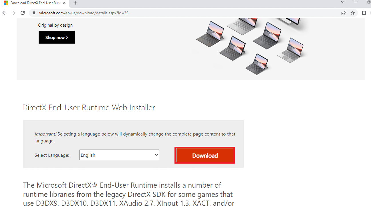 Apri il sito Web ufficiale di DirectX nel tuo browser Web e fai clic sul pulsante Download