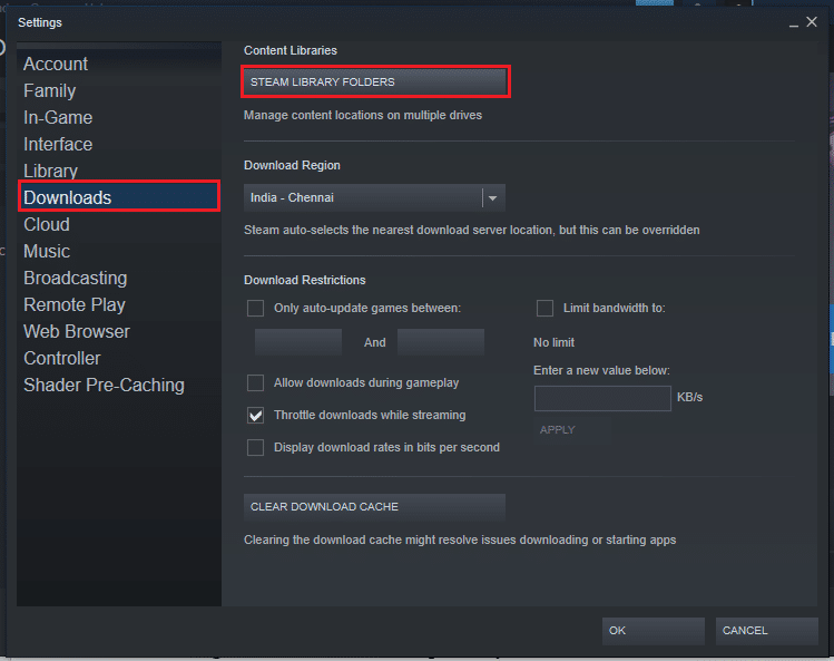 fare clic sulla scheda Download nel riquadro sinistro della finestra e fare clic sul pulsante STEAM LIBRARY FOLDERS