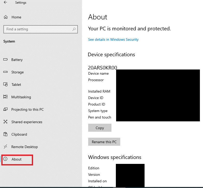 Fare clic sulla scheda Informazioni nel riquadro sinistro della finestra Sistema e verificare le specifiche del dispositivo e le specifiche di Windows nella finestra
