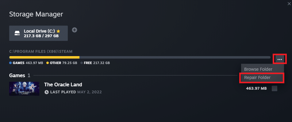 Seleziona l'opzione Ripara cartella. Risolto il problema con steam_api64.dll mancante su Windows 10