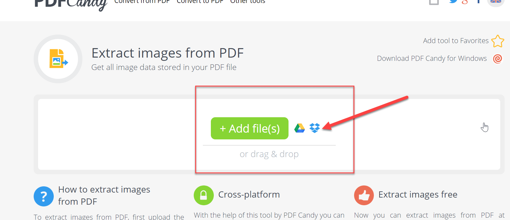 转到 pdfcandy.com,然后选择提取图像,然后选择 PDF 文件
