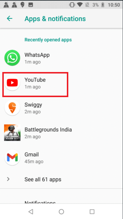 下にスクロールして、アプリのリストでYouTubeをタップします。ネットワークエラー503を修正
