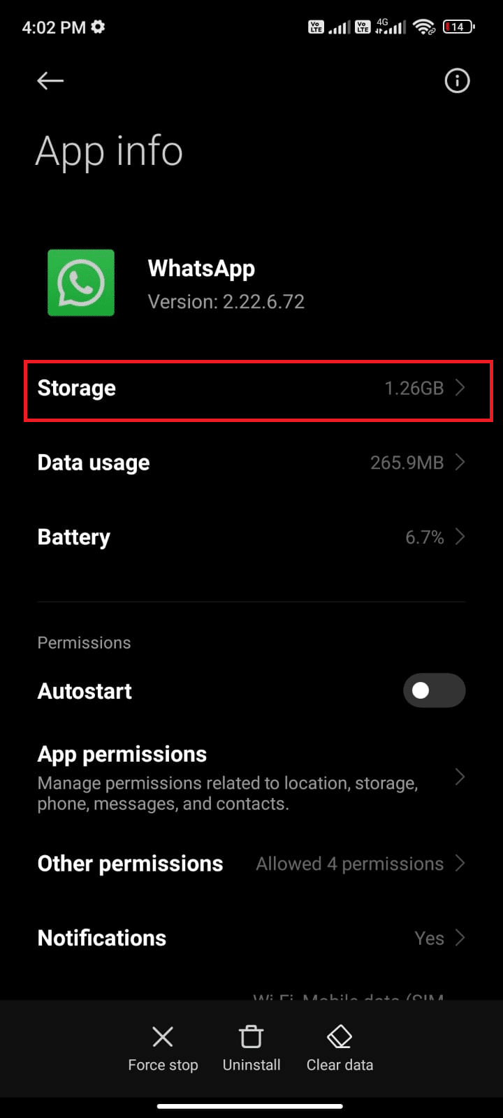 [ストレージ]オプションをタップします。最後に表示されたWhatsAppが表示されない問題を修正