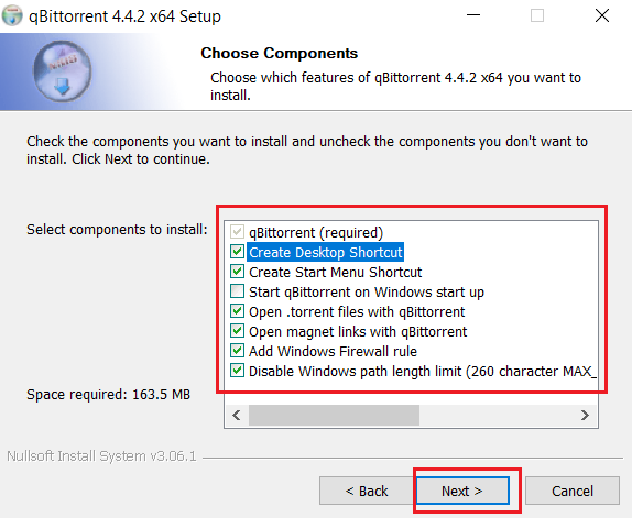 Seleccione el componente que desea instalar y haga clic en Siguiente