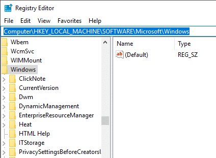 导航到 HKEY_LOCAL_MACHINE\SOFTWARE\Policies\Microsoft\Windows\
