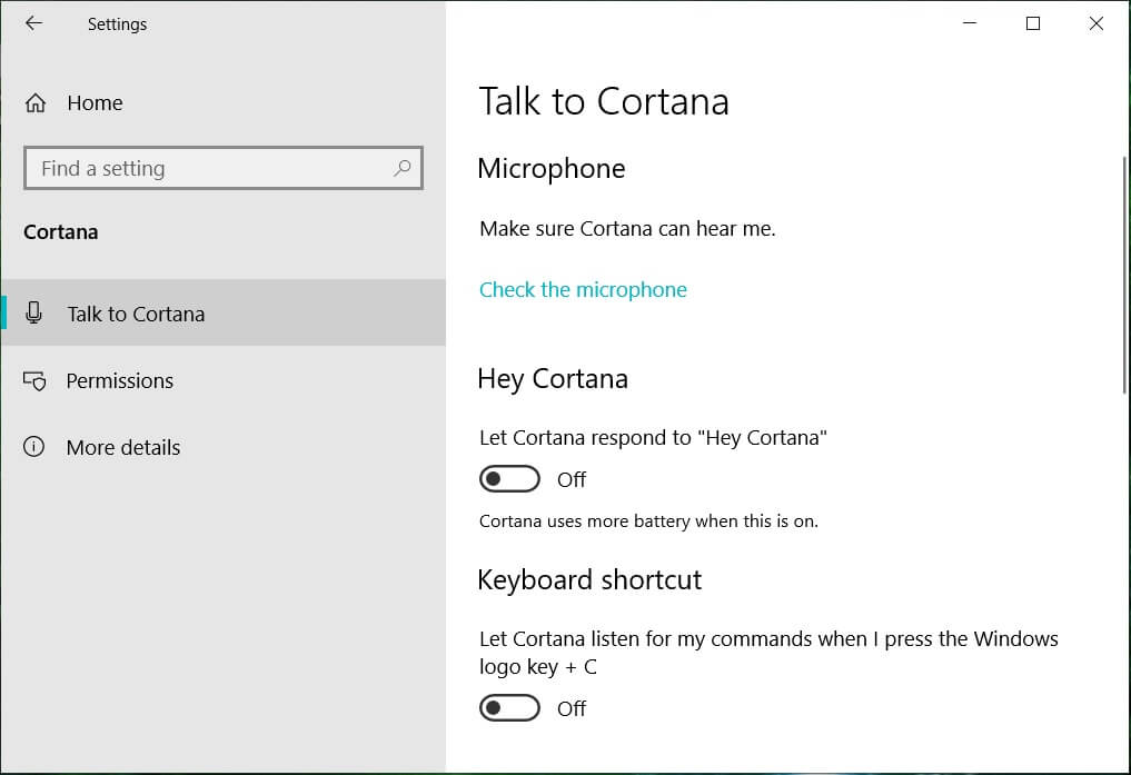 单击左侧窗格中的与 Cortana 交谈