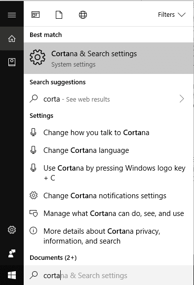 在开始菜单搜索中搜索 Cortana,然后单击 Cortana 和搜索设置
