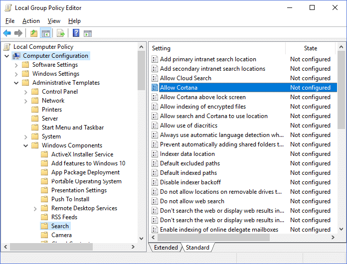 导航到 Windows 组件,然后搜索,然后单击允许 Cortana 策略