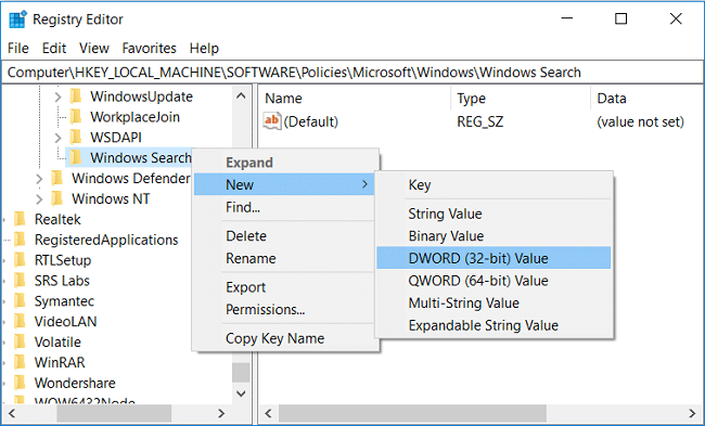 右键单击 Windows 搜索,然后选择新建和 DWORD(32 位)值