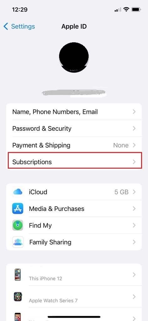 atingeți abonamentul în setarea iPhone Apple ID