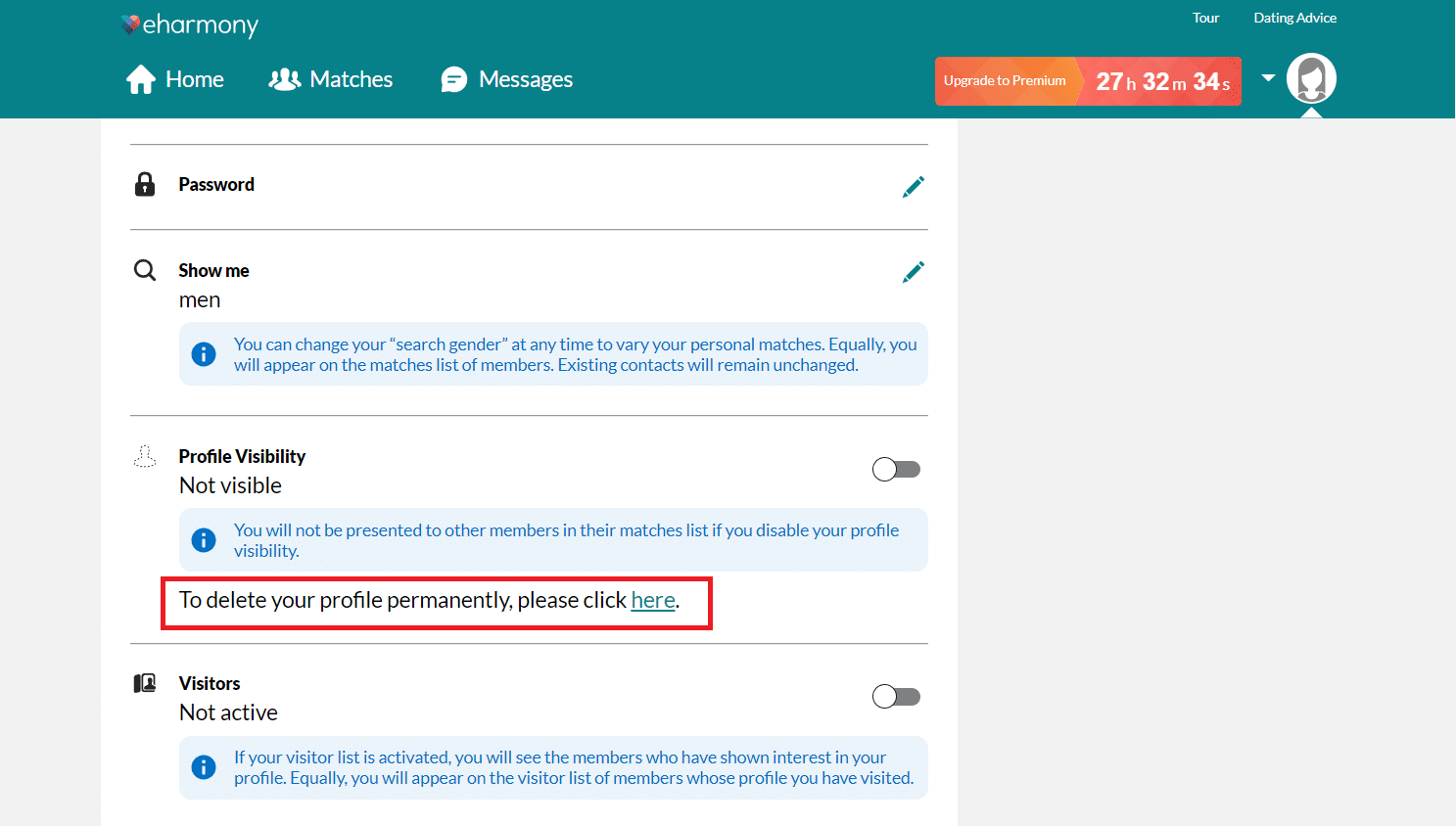 Faceți clic pe linkul de lângă Pentru a vă șterge profilul definitiv. Cum să vă ștergeți contul eHarmony