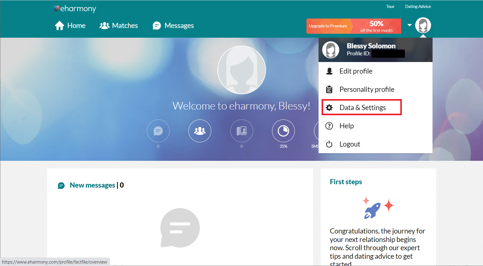 Selectați Date și setări din meniul drop-down. Cum să vă ștergeți contul eHarmony