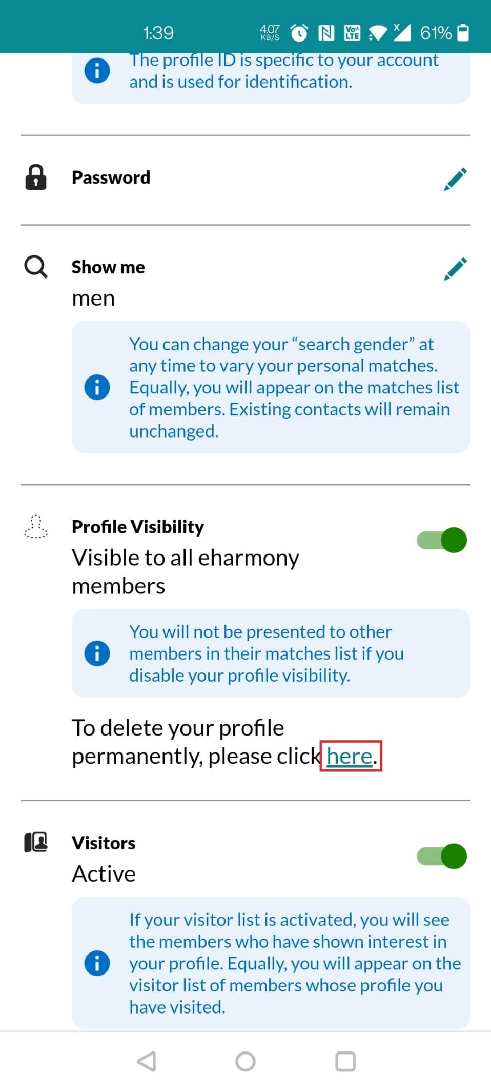 Glisați în jos și atingeți linkul aici din secțiunea Vizibilitate profil pentru a șterge definitiv