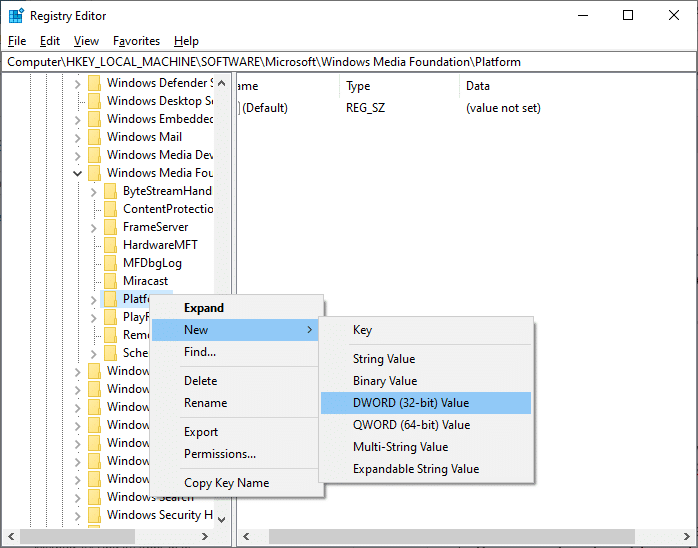 seleccione Nueva opción seguida de Dword 32 Bit Value. Reparar Todas las cámaras son un error de reserva 0xA00f4288 en Windows 10