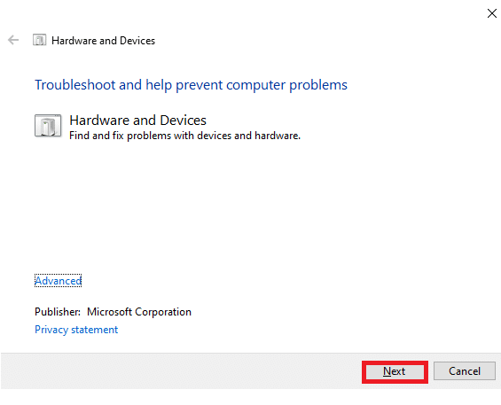 Solucionador de problemas de hardware y dispositivos. Reparar Todas las cámaras son un error de reserva 0xA00f4288 en Windows 10