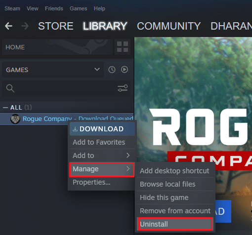 Kemudian, klik kanan pada PUBG dan kemudian pilih opsi Kelola diikuti oleh Uninstall.