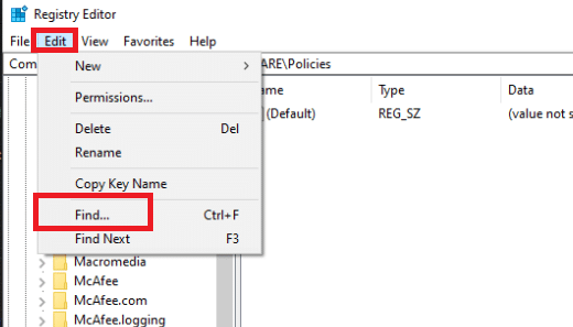 Fare clic sul menu Modifica nell'editor del registro