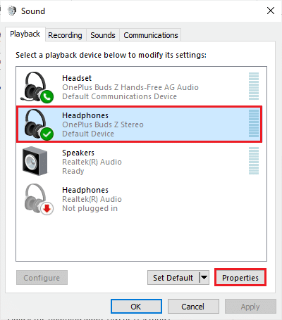 selezionare il dispositivo audio Bluetooth predefinito seguito dal pulsante Proprietà