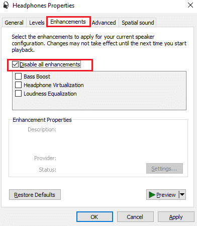disattiva tutti i miglioramenti. Risolvi la balbuzie delle cuffie Bluetooth su Windows 10