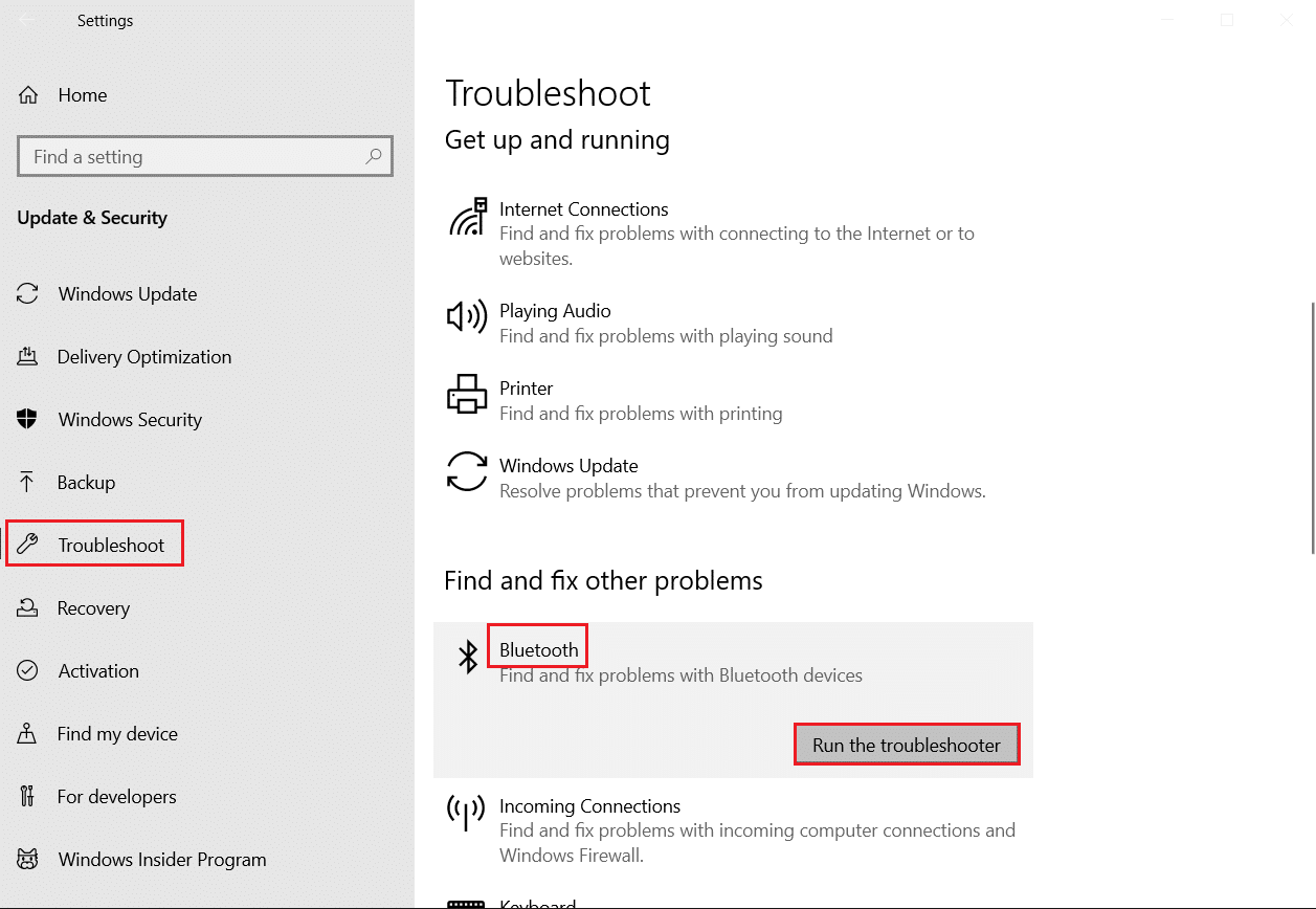 eseguire lo strumento di risoluzione dei problemi Bluetooth. Risolvi la balbuzie delle cuffie Bluetooth su Windows 10
