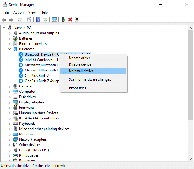 disinstallare il driver Bluetooth. Risolvi la balbuzie delle cuffie Bluetooth su Windows 10