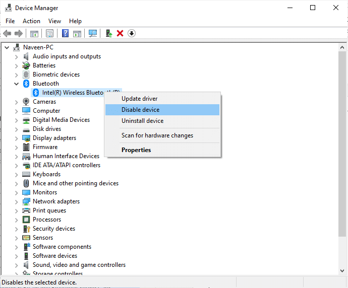 selezionare l'opzione Disabilita dispositivo. Risolvi la balbuzie delle cuffie Bluetooth su Windows 10