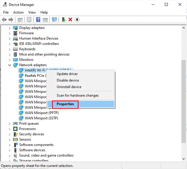 fare clic con il tasto destro del mouse sul driver di rete e selezionare le proprietà