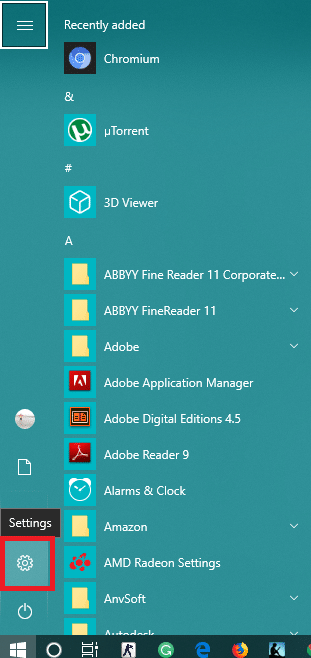 转到“开始”,然后单击“设置”或按 Windows 键 + I 键打开“设置”