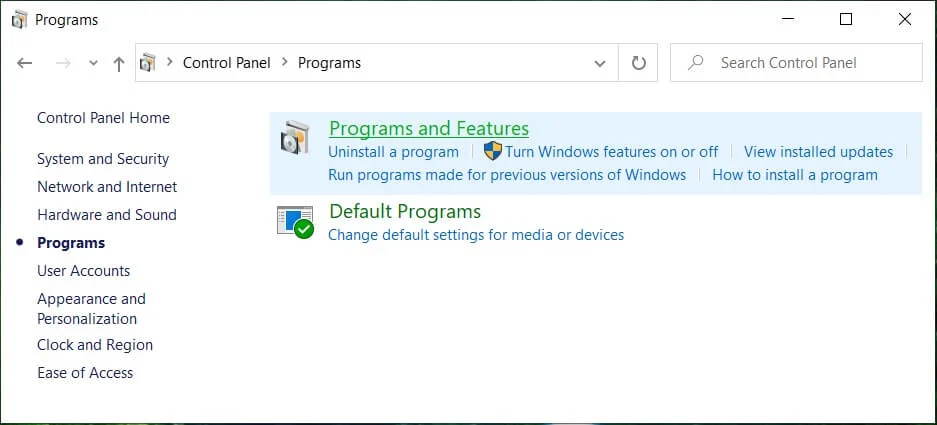单击程序,然后单击程序和功能 |在 Windows 10 上释放硬盘空间的 10 种方法
