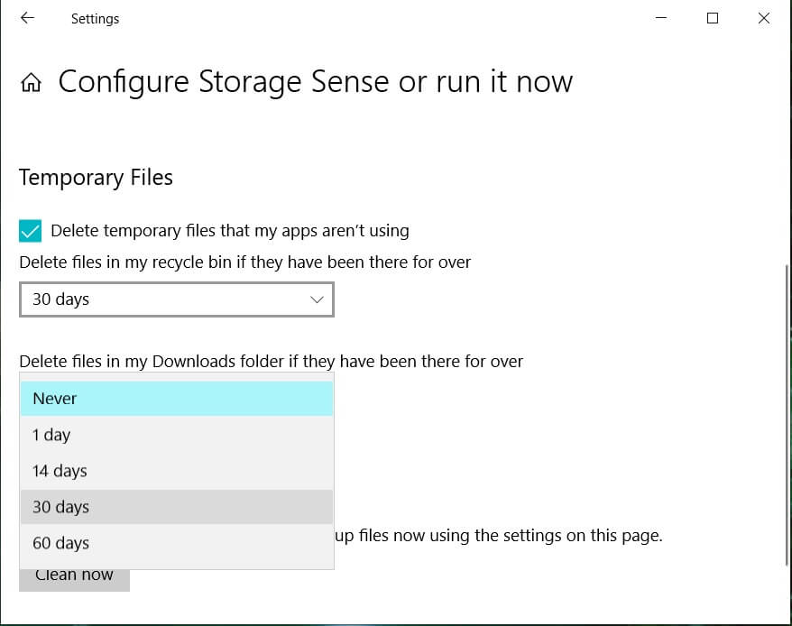在“从不”和“一天”等选项之间进行选择 |在 Windows 10 上释放硬盘空间的 10 种方法
