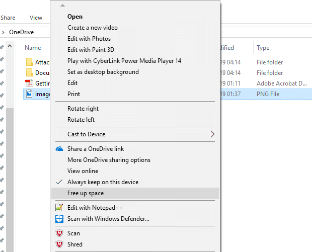 右键单击要移动到 OneDrive 的文件并选择释放空间