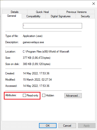 Sekarang, alihkan ke tab General dan hapus centang pada kotak di sebelah Read-only di sebelah bagian Attributes Fix WOW Error #134 Fatal Condition