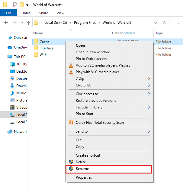 Sekarang, temukan folder berikut dan klik kanan padanya. Kemudian, pilih Ubah nama seperti yang ditunjukkan. Antarmuka Cache WTF