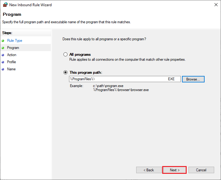 Kemudian, klik Next di jendela New Inbound Rule Wizard | Cara Memperbaiki Error WOW #134 Kondisi Fatal