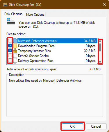 Pembersihan disk akan menghitung dan membuka daftar file yang mungkin dapat dihapus yang disimpan bersama dengan file cache sementara dengan Deskripsi semua file sesuai pilihan, gulir ke bawah dan pilih file yang diperlukan sesuai pilihan Anda dan klik OK setelah selesai.
